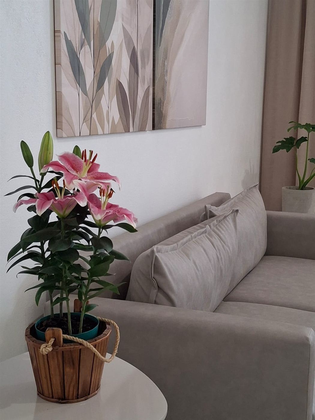 Detalhe da sala de espera com flores e sofá